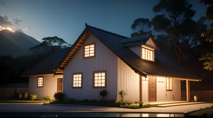 Casa no campo, no meio da floresta, campo gramado em volta, rio com peixes pulando, cinematic quality, night ligthning, Lumion Pro rendering.