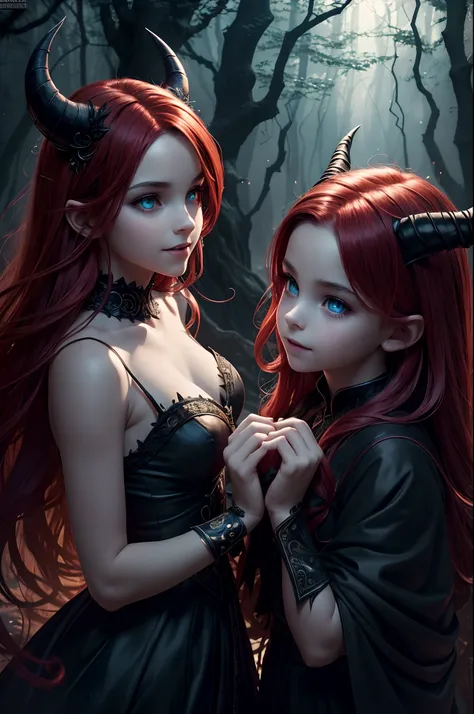 (best quality,4k,8k,highres,masterpiece:1.2),ultra-detailed,(realistic,photorealistic,photo-realistic:1.37),devil boy and girl holding hands,beautiful detailed eyes,beautiful detailed lips,demonic atmosphere,playful and mischievous expressions,dark and mys...