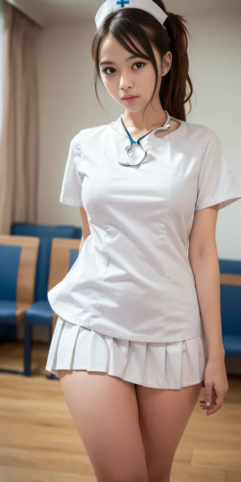 american shot, full body, perfect image, face symmetrical, (dark brown hair color), messy hair, eyes of the same hair color, Slim build, (only 1 slim Hungarian woman of 17 years old), ((student and (( (woman nurse in white uniform with 60% pleated miniskir...