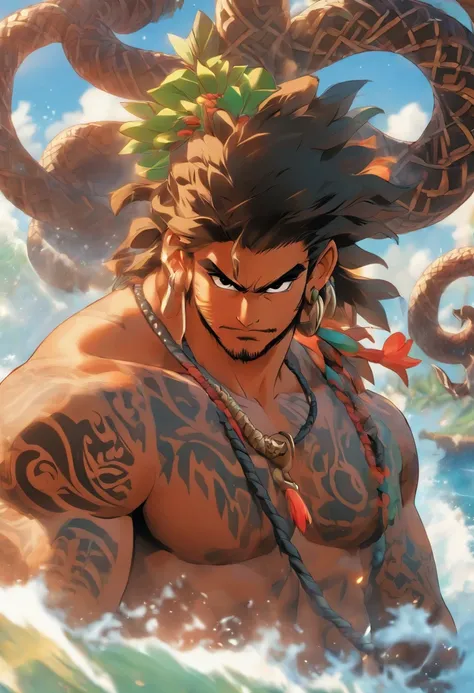 (((Man with hook)) best quality, ultra-high resolution, 4K detailed CG, master piece, Maui, Young man, hooking an island, Hawaiian clothing, Hawaii, Maori tattoos, Maori mythology, ((giant hook)), Style Maori image, aesthetic, screen-centric, full body