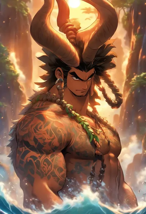 (((Man with hook)) best quality, ultra-high resolution, 4K detailed CG, master piece, Maui, Young man, hooking an island, Hawaiian clothing, Hawaii, Maori tattoos, Maori mythology, ((giant hook)), Style Maori image, aesthetic, screen-centric, full body