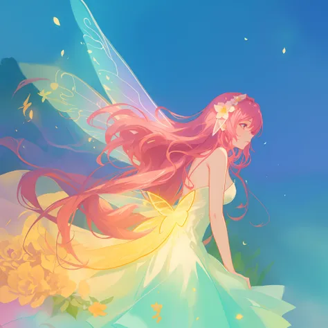 beautiful girl in flowing ballgown dress, (glowing fairy wings), glowing flowing ballgown, long wavy hair, sparkling fairy wings, watercolor illustration, flowers and colorful plants, inspired by Glen Keane, inspired by Lois van Baarle, disney art style, b...