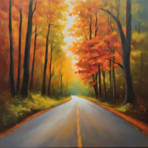 a painting of a road inside a forest with colorful trees , an oil on canvas painting by Olivia Peguero, behance contest winner, oil on canvas, acrylic art,