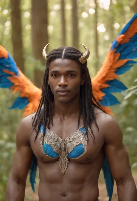 Black Demon Beautiful Male Black Man with Blue and Orange Details, Large Wings, Forest in the Background, Vibrant Colors, Full Body, Detailed Face, Detailed Hands, Detailed Legs, Detailed Fingers, Detailed Hair, Detailed Eyes, Detailed Skin, Lush Vegetatio...