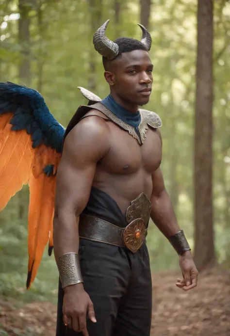 Black Demon Beautiful Male Black Man with Blue and Orange Details, Large Wings, Forest in the Background, Vibrant Colors, Full Body, Detailed Face, Detailed Hands, Detailed Legs, Detailed Fingers, Detailed Hair, Detailed Eyes, Detailed Skin, Lush Vegetatio...