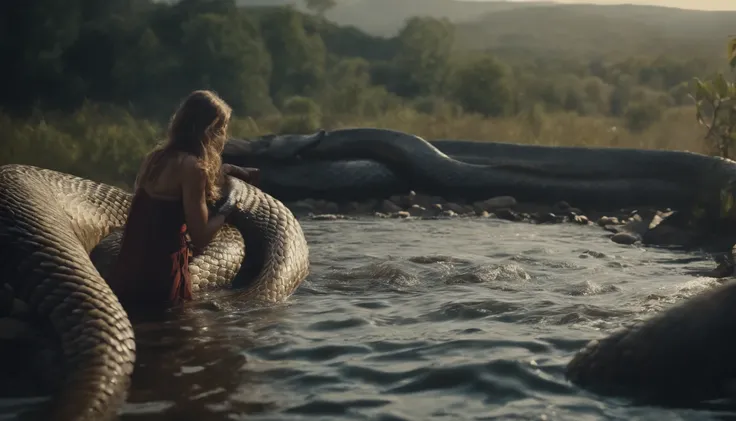 A giant snake vomiting a river of water to drown the woman. Biblical image of the Apocalypse