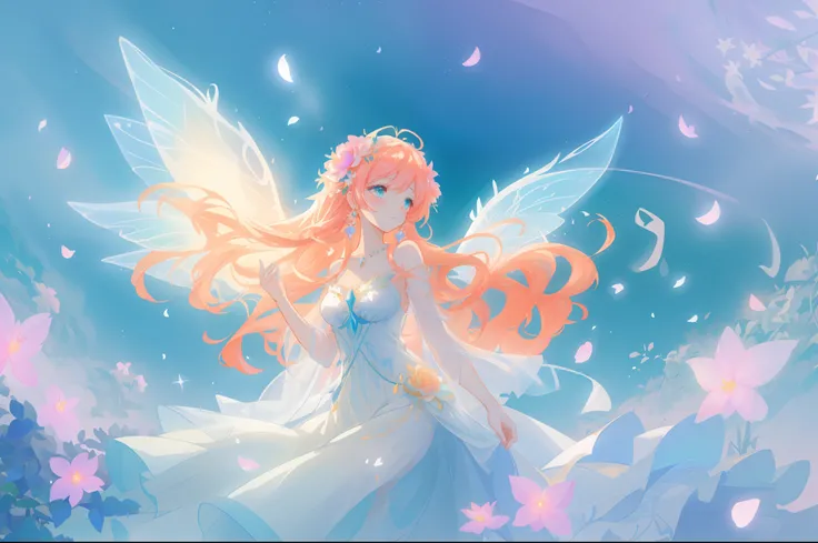 beautiful girl in flowing white dress, (glowing fairy wings), glowing flowing ballgown, long wavy hair, sparkling fairy wings, watercolor illustration, flowers and colorful plants, inspired by Glen Keane, inspired by Lois van Baarle, disney art style, by L...