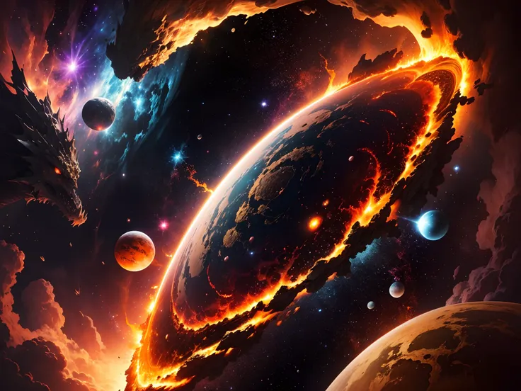 solar system, lights, dragons nebula, black and orange colors, (Masterpiece), ((Top Quality)), ((8K Wallpaper)), ((Ultra High Resolution)), Good Composition, (Ultra Detail) --auto