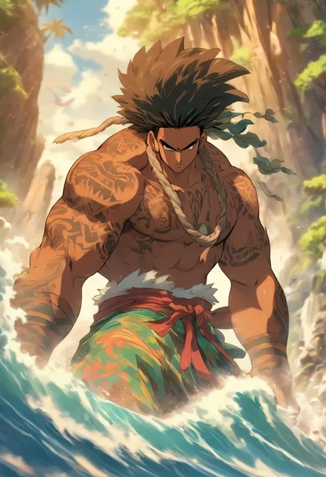 (((Man pulling an island)) best quality, ultra-high resolution, 4K detailed CG, master piece, Man, Young man, pulling the island, Facial expression of pain, Hawaiian clothing, Hawaii, Maori tattoos, Maori mythology, (( pulling rope)), Maori image style, ae...