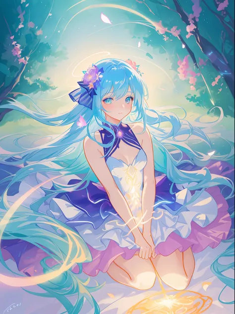 beautiful girl in fairy dress made of flower petals, beautiful fairy queen surrounded by colorful tiny pixies and fairies, glowing tiny fairies, (glowing fairy wings), glowing flowing ballgown, long wavy hair, sparkling fairy wings, watercolor illustration...