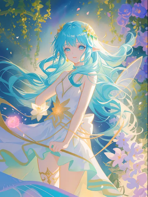 beautiful girl in fairy dress made of flower petals, beautiful fairy queen surrounded by colorful tiny pixies and fairies, glowing tiny fairies, (glowing fairy wings), glowing flowing ballgown, long wavy hair, sparkling fairy wings, watercolor illustration...