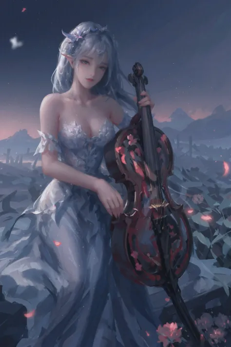 Raw, cinematic shot, (sharp focus:1.5), (photorealistic:1.4), twilight lighting, volumetric lighting, ultra high res, 16K,dramatic lighting, 1girl, solo, long hair, violin, instrument, black eyes, dress, white dress, white hair, looking at viewer, light pa...