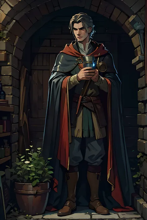 Closeup of a tall thin young man in cloak and cape standing in a dark room, Man with long arms and legs, flowing robes and leather armor, imagem de um alquimista masculino, male artificer, Arte conceitual de The Witcher, arte conceitual medieval, Arte do p...