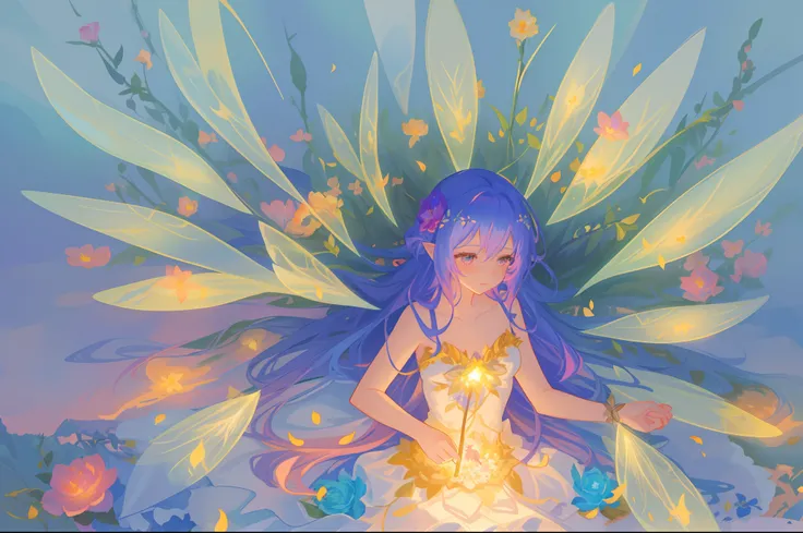 beautiful girl in fairy dress made of flower petals, beautiful fairy queen surrounded by colorful tiny pixies and fairies, glowing tiny fairies, (glowing fairy wings), glowing flowing ballgown, long wavy hair, sparkling fairy wings, watercolor illustration...