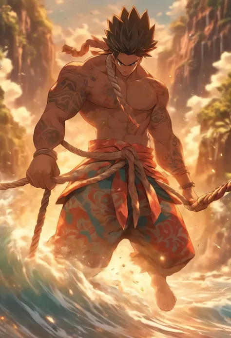 (((Man pulling a rope)) best quality, ultra-high resolution, 4K detailed CG, master piece, Man, Young, pulling, rope, hooking, looking at viewer, Hawaiian clothing, Hawaii, Maori tattoos, Maori mythology, ((close camera)), Maori picture style, aesthetic, s...