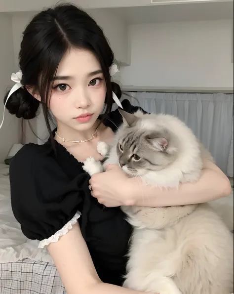 Theres a woman holding a cat in her lap, muito bonita gatinha fofa, Ulzzang, Branco ( Gato ) garota, menina gato atraente, gatinha jovem bonita, com gato pequeno no colo, cruel korean goth girl, menina emo e seu gato, bochechas grandes segurando seu gato, ...