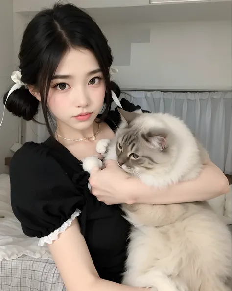 Theres a woman holding a cat in her lap, muito bonita gatinha fofa, Ulzzang, Branco ( Gato ) garota, menina gato atraente, gatinha jovem bonita, com gato pequeno no colo, cruel korean goth girl, menina emo e seu gato, bochechas grandes segurando seu gato, ...