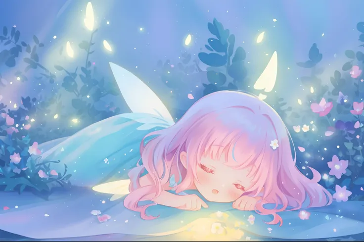 beautiful girl in fairy dress made of flower petals, beautiful fairy queen, glowing fairy lights, (glowing fairy wings), long wavy hair, sparkling fairy wings, watercolor illustration, flowers and colorful plants, inspired by Glen Keane, inspired by Lois v...