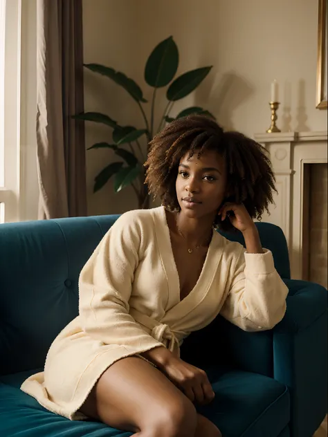 corps entier , beau visage, curly hair,Warm light and clear complexion, afro-american, Detailed, ultra quality, poitrine claire, mignonne, adorable, Robe moulante noire, sitting in the living room on the sofa