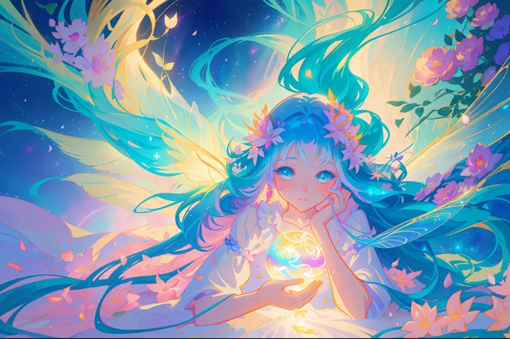 beautiful girl in fairy dress made of flower petals, beautiful fairy queen surrounded by colorful tiny pixies and fairies, glowing tiny fairies, (glowing fairy wings), glowing flowing ballgown, long wavy hair, sparkling fairy wings, watercolor illustration...