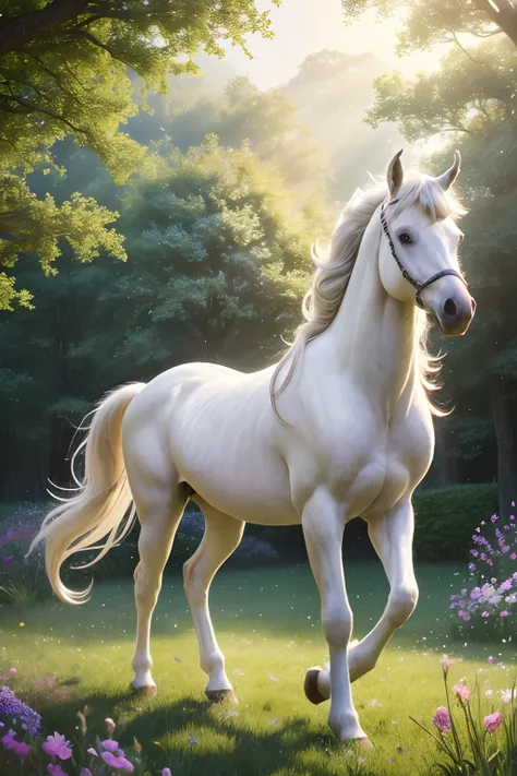 (best quality,4k,8k,highres,masterpiece:1.2),ultra-detailed,realistic:1.37,beautiful detailed eyes,horse,unicorn,mythical creature,peacefully walking in a meadow,illustration,portrait,glowing colors,soft lighting,brush strokes,subtle shadows,dreamlike atmo...