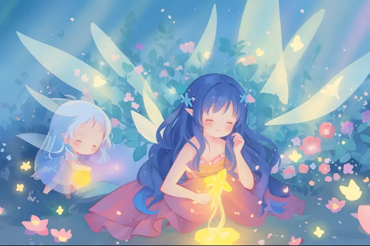 beautiful girl in fairy dress made of flower petals, beautiful fairy queen surrounded by colorful tiny pixies and fairies, glowing tiny fairies, (glowing fairy wings), glowing flowing ballgown, long wavy hair, sparkling fairy wings, watercolor illustration...