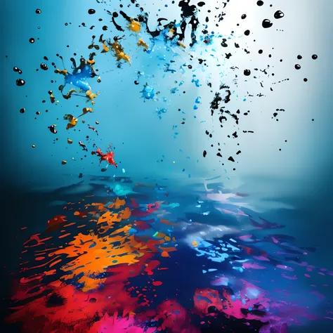 Photo of colorful painting with blue sky and water, Water Spray Painting, Water particle in front, Water particles, Underwater Explosion, Spectacular Splash Blast, splashed liquid, Particle decay, Sparks and Liquid Fire, Simulation of water splashes, paint...