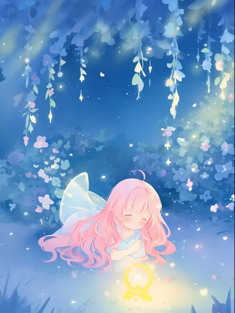 beautiful girl in fairy dress made of flower petals, beautiful fairy queen, glowing fairy lights, (glowing fairy wings), long wavy hair, sparkling fairy wings, watercolor illustration, flowers and colorful plants, inspired by Glen Keane, inspired by Lois v...