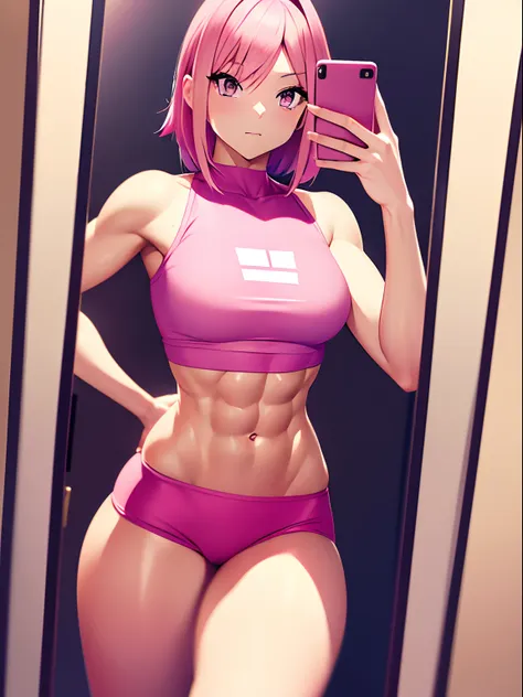 there is a woman with pink hair taking a selfie in a mirror, fit girl, physical : tinyest midriff ever, fit pic, pink body, anim...