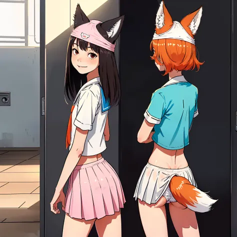 (superflat, flat shading, flat colors:1.1), locker room, 1girl, petite, young teen, fox ears, ginger, slim, school uniform, from behind, (upskirt, bottom, fox tail:1.1), panties_on_head, from behind, smile, volumetric lighting, soft light, bright, colorful...