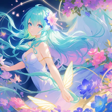 beautiful girl in fairy dress made of flower petals, beautiful fairy queen surrounded by colorful tiny pixies and fairies, glowing tiny fairies, (glowing fairy wings), glowing flowing ballgown, long wavy hair, sparkling fairy wings, watercolor illustration...