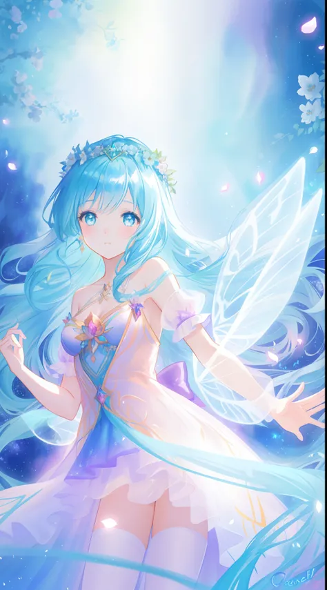 beautiful girl in fairy dress made of flower petals, beautiful fairy queen surrounded by colorful tiny pixies and fairies, glowing tiny fairies, (glowing fairy wings), glowing flowing ballgown, long wavy hair, sparkling fairy wings, watercolor illustration...