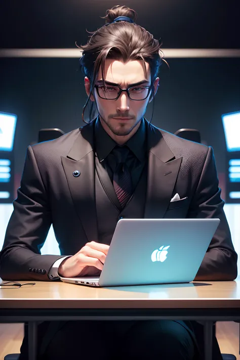 zoomed out portrait, front view, animated man in formal clothing on on a desk in front of a laptop like a podcast setup , feel happy, digital cyberpunk anime art. the background in engaging