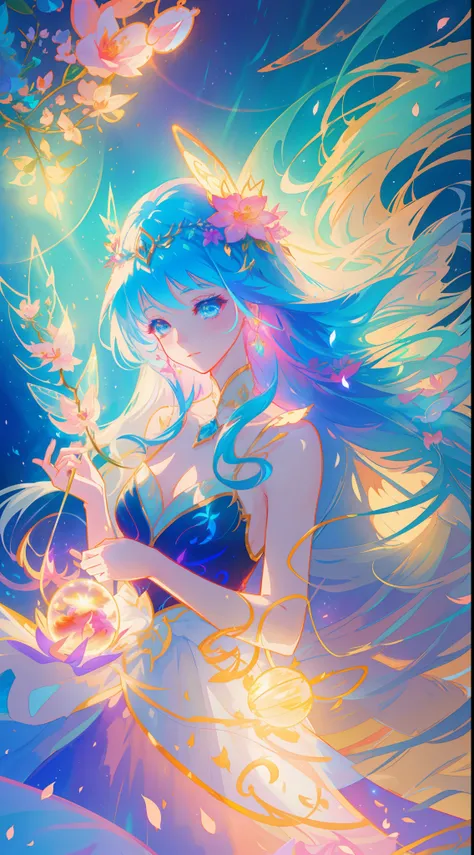 beautiful girl in fairy dress made of flower petals, beautiful fairy queen surrounded by colorful tiny pixies and fairies, glowing tiny fairies, (glowing fairy wings), glowing flowing ballgown, long wavy hair, sparkling fairy wings, watercolor illustration...