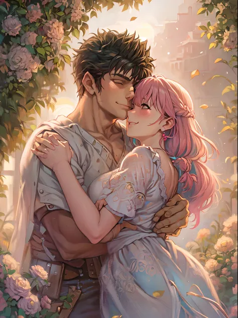 riamu,guts,couple,husband and wife,love dovey couple,sitting,hug,kiss,smile,(best quality,4k,8k,highres,masterpiece:1.2),ultra-detailed,(realistic,photorealistic,photo-realistic:1.37),traditional oil painting,romantic evening scene,soft lighting,vivid colo...