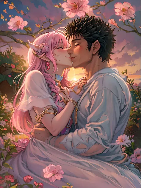 riamu,guts,couple,husband and wife,love dovey couple,sitting,hug,kiss,smile,(best quality,4k,8k,highres,masterpiece:1.2),ultra-detailed,(realistic,photorealistic,photo-realistic:1.37),traditional oil painting,romantic evening scene,soft lighting,vivid colo...