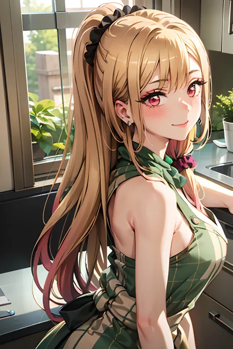 best quality, (masterpiece:1.2), detailed,
kitagawa marin sb,
1girl, solo, closed mouth, light blush, smile, earrings,
long hair, blonde hair, red eyes, multicolored hair, front ponytail, hair scrunchie,
green apron, patterned clothing, sleeveless, cleavag...