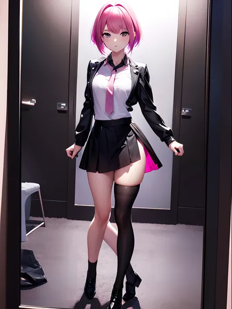 arafed woman with pink hair and black dress posing in front of a mirror, beautiful short skirt, short skirt, mini-skirt, mini skirt, short black skirt, in clothes! highly detailed, miniskirt, thighhighs and skirt, extreme hight detail, ultradetailed photor...