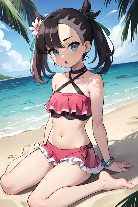 masterpiece, best quality, highres, hmmarnie, aqua eyes, green ribbon, hair flower, earrings, jewelry, halterneck, bracelet, navel, pink swimsuit, frilled bikini, sarong, beach, wariza, :o, sitting, barefoot,