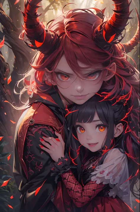 (best quality,4k,8k,highres,masterpiece:1.2),ultra-detailed,(realistic,photorealistic,photo-realistic:1.37),devil boy and girl holding hands,beautiful detailed eyes,beautiful detailed lips,demonic atmosphere,playful and mischievous expressions,dark and mys...