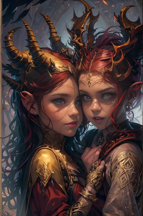 (best quality,4k,8k,highres,masterpiece:1.2),ultra-detailed,(realistic,photorealistic,photo-realistic:1.37),devil boy and girl holding hands,beautiful detailed eyes,beautiful detailed lips,demonic atmosphere,playful and mischievous expressions,dark and mys...