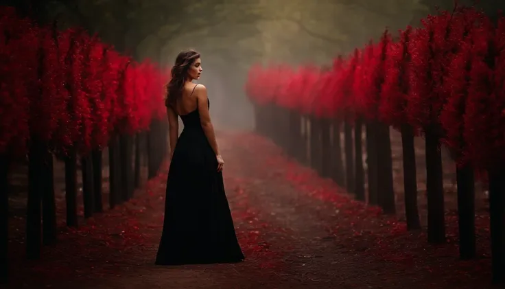 crie imagem de uma mulher vestida todo de preto estilo bata de batismo, In a mystical place surrounded by black and red candles, fazendo uma prece em uma estrada;