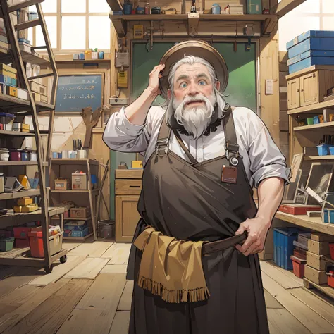 An old dwarf with a surprised look on face, mouth wide open, standing in a workshop