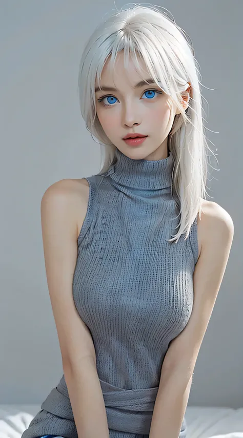 Masterpiece, Best Quality, (Realistic, Super Real, Super Reality:1.5), (Photography), 1girl, (Neat and Innocent Character, Gentle Atmosphere:1.2), ((White Color Hair, Straight Long Moist hair:1.2)), (Smile:0.8), (Tender eyes), (blunt bangs, Very Long Hair:...