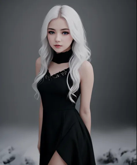 Front view, looking at camera, RAW photo, ((black dress:1.2)), ((portrait)),Beautiful young woman 18 years old with white hair, blue eyes, perfect eyes, ((white background:1.2)), lighting studio, high quality, filmic grain, Fujifilm XT3, Centered, angelic ...