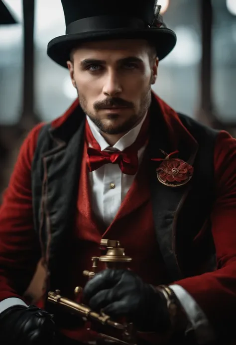 (best quality,ultra-detailed,realistic:1.37),portrait,steampunk,cyberpunk,vibrant colors,detailed clothing,red outfit,gentleman,without beard,short hair,wearing goggles,top hat,bowtie,mechanical accessories,brass accents,leather gloves,background with gear...