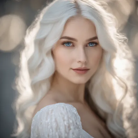 Front view, looking at camera, RAW photo, ((black dress:1.2)), ((portrait)),Beautiful young woman 18 years old with white hair, blue eyes, perfect eyes, ((white background:1.2)), lighting studio, high quality, filmic grain, Fujifilm XT3, Centered, angelic ...