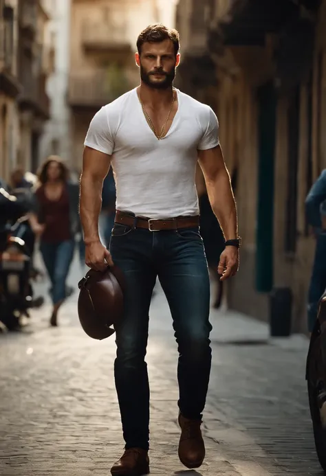 1man, tattoos on arms, five fingers, short hair, muscular, beard,shirtless, no shirt, hairy muscular chest, gold chain, necklace, open jeans, lamppost,(masterpiece, best quality, highres, ultra detailed ),spain (city), (driving a motorcycle on the street )...