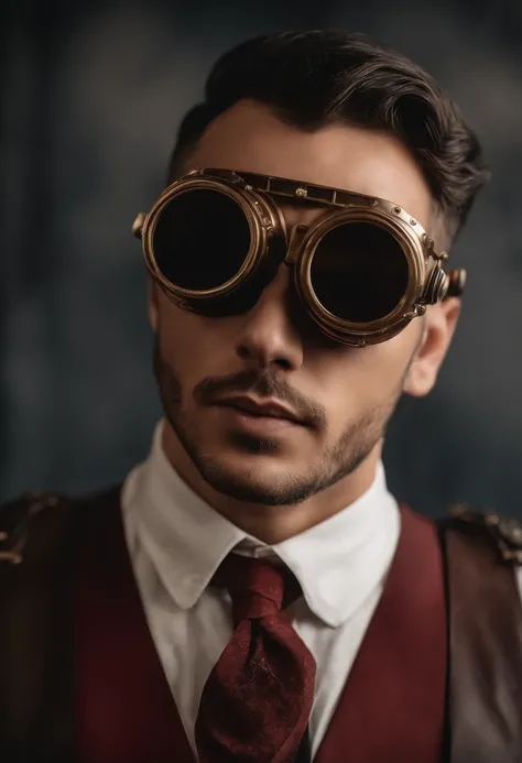 (best quality,ultra-detalhado,Realistic:1.37),retrato,Steampunk,Cyberpunk,cores vibrantes,roupas detalhadas,roupa vermelha,cavalheiro,sem barba,short hair,wearing goggles,Cartola,bowtie,Mechanical Accessories,Brass details,luvas de couro,Fundo com engrenag...