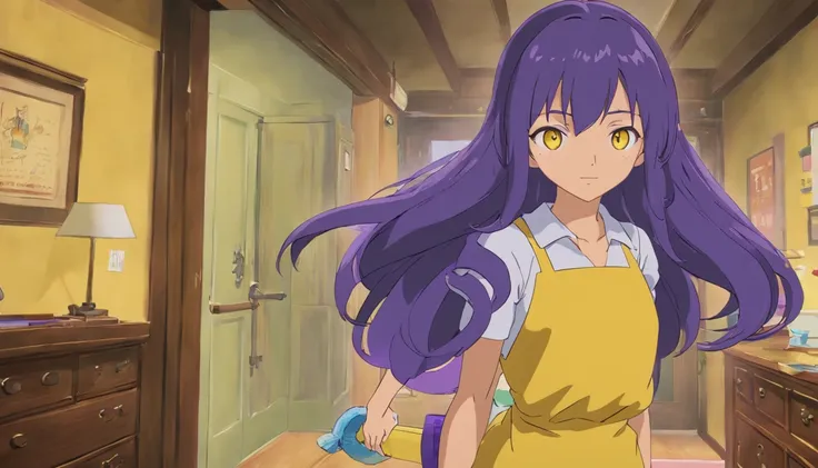 anime version girl, almost black blue hair, dressed as a cleaning lady, purple body, yellow eyes, full body, looking at the viewer, in a suite room, medium breasts, medium body, medium hips, medium ass, flowing hair, face defined, muscular